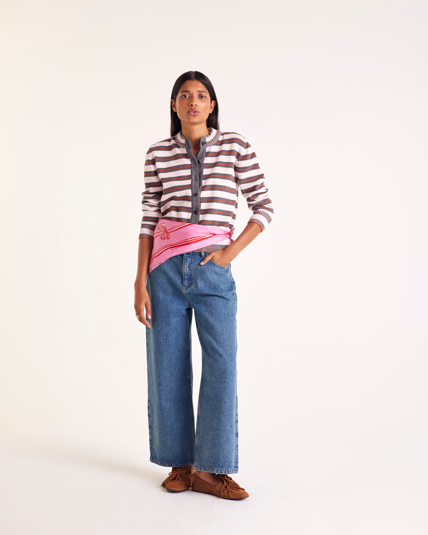 Clarisse cardigan in gray, pink and cinnamon stripes