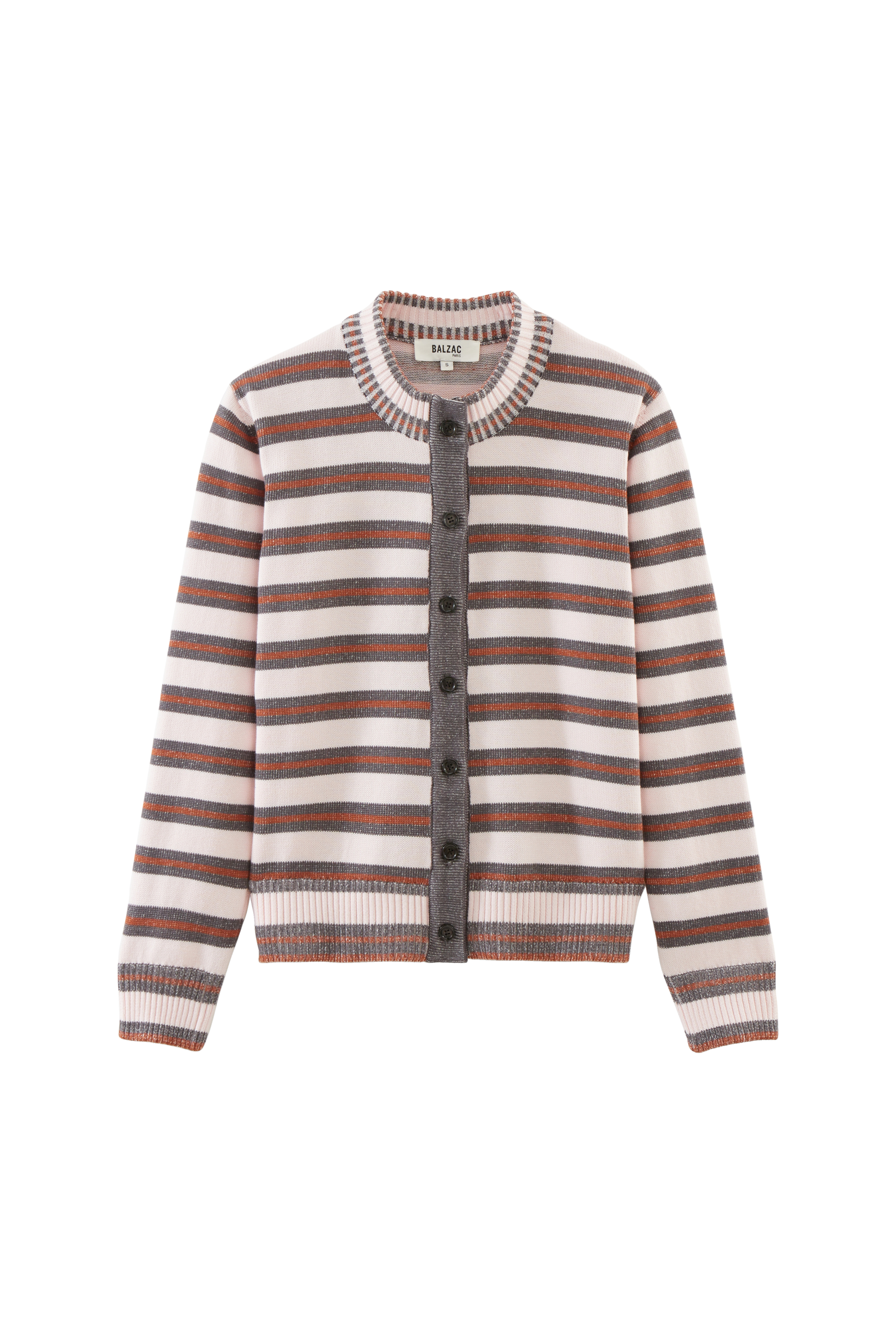 Clarisse cardigan in gray, pink and cinnamon stripes