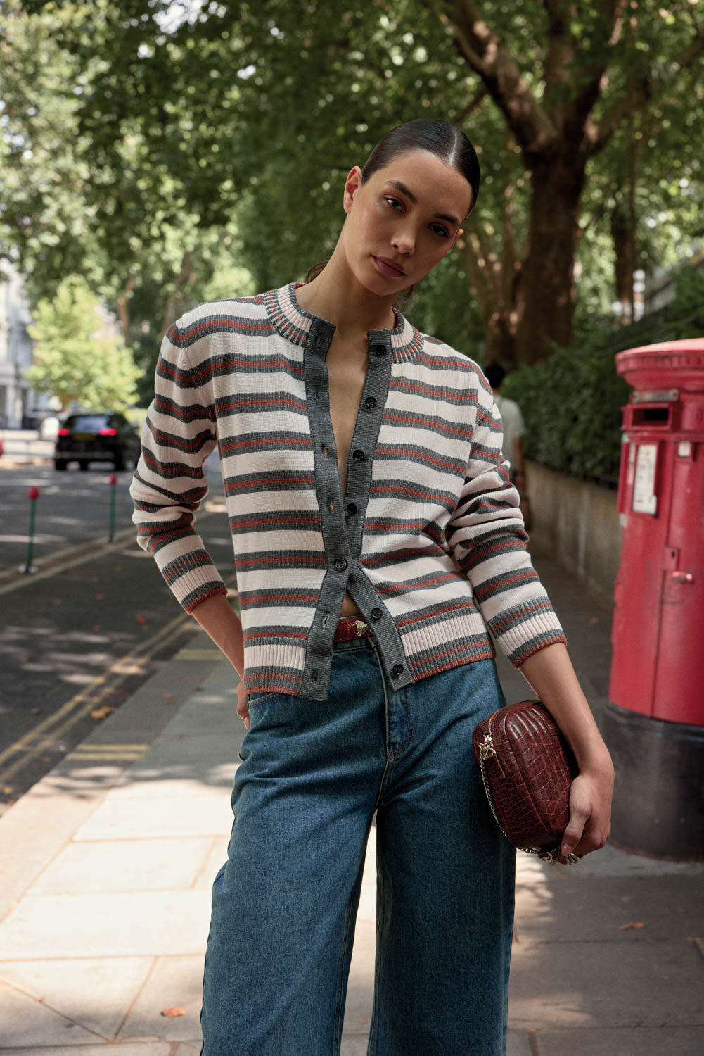 Clarisse cardigan in gray, pink and cinnamon stripes