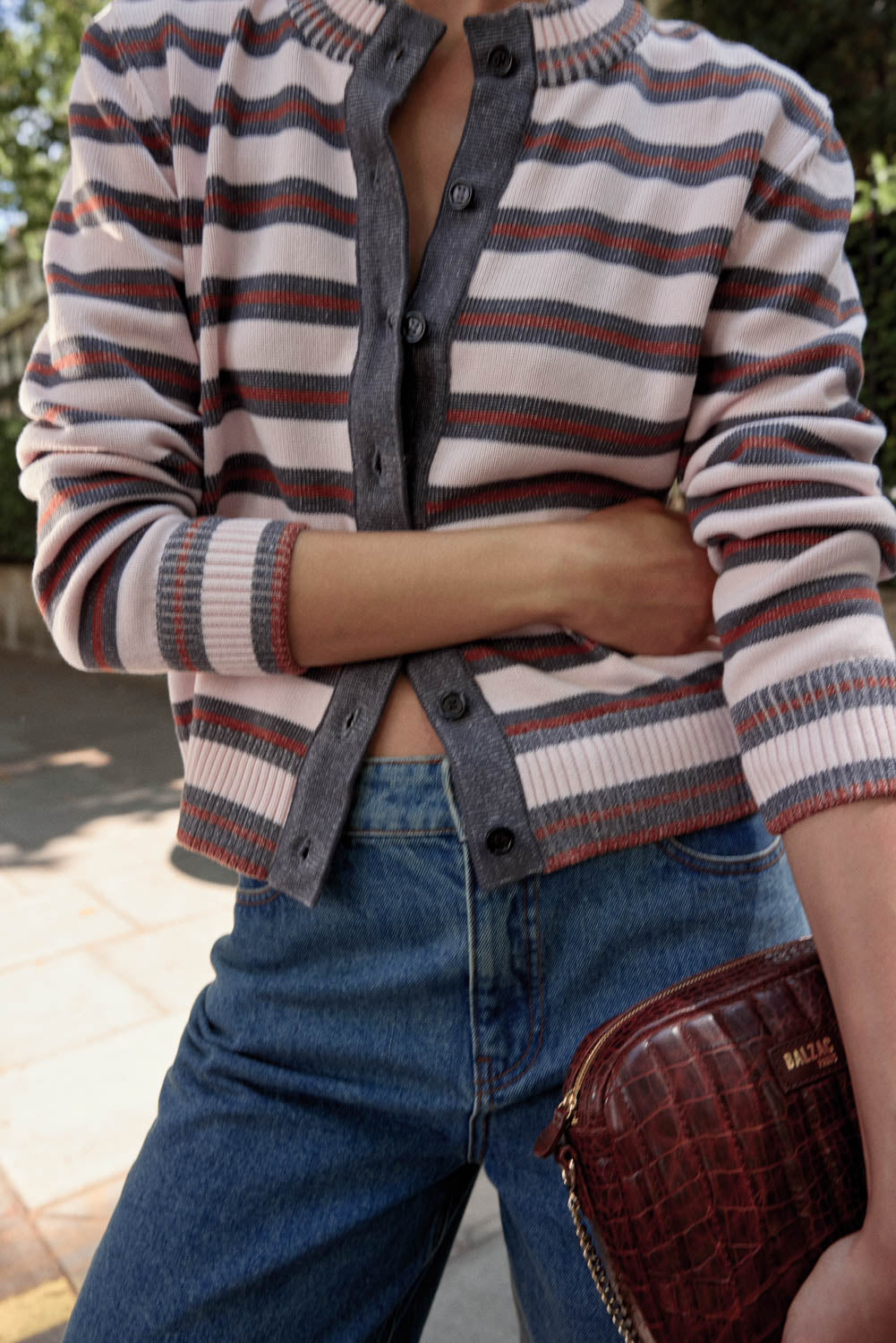 Clarisse cardigan in gray, pink and cinnamon stripes