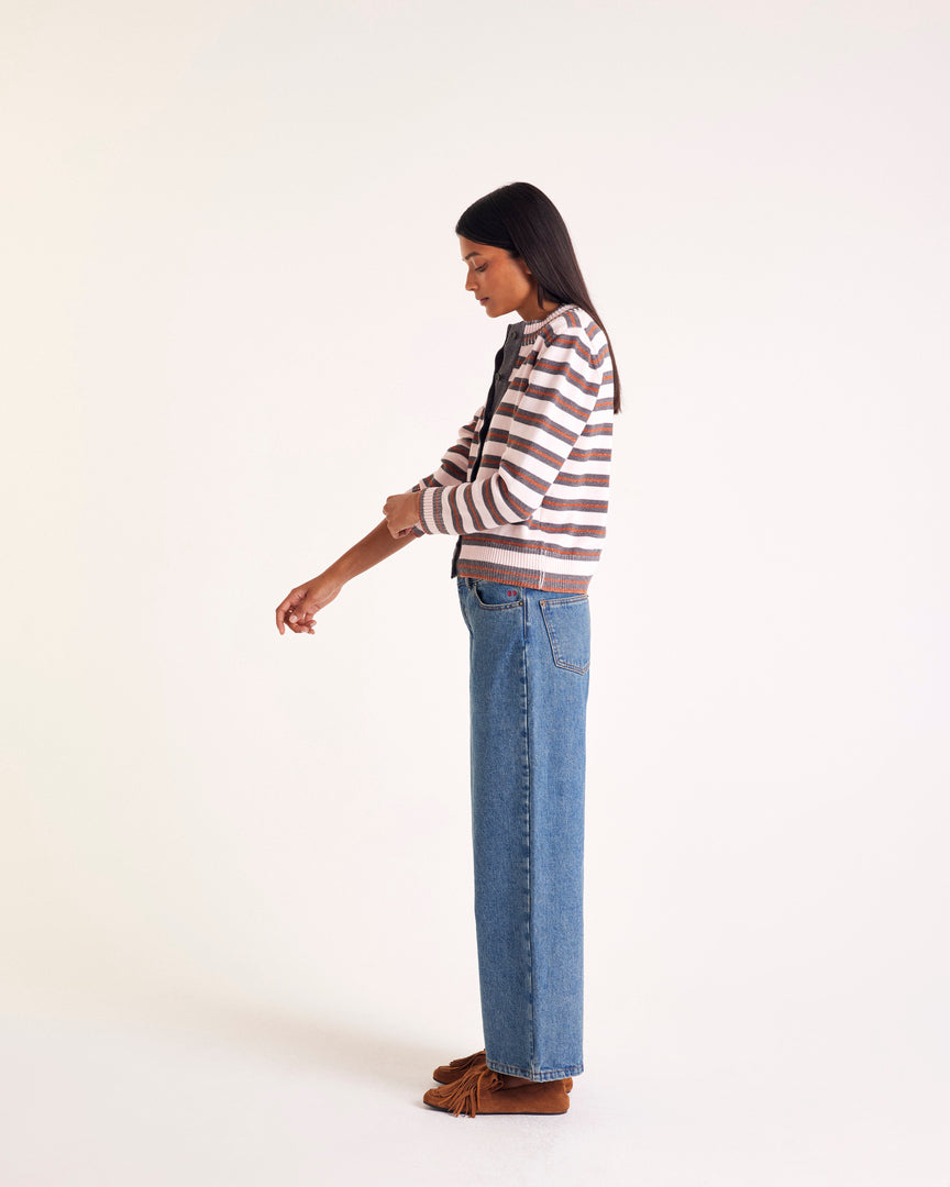 Clarisse cardigan in gray, pink and cinnamon stripes