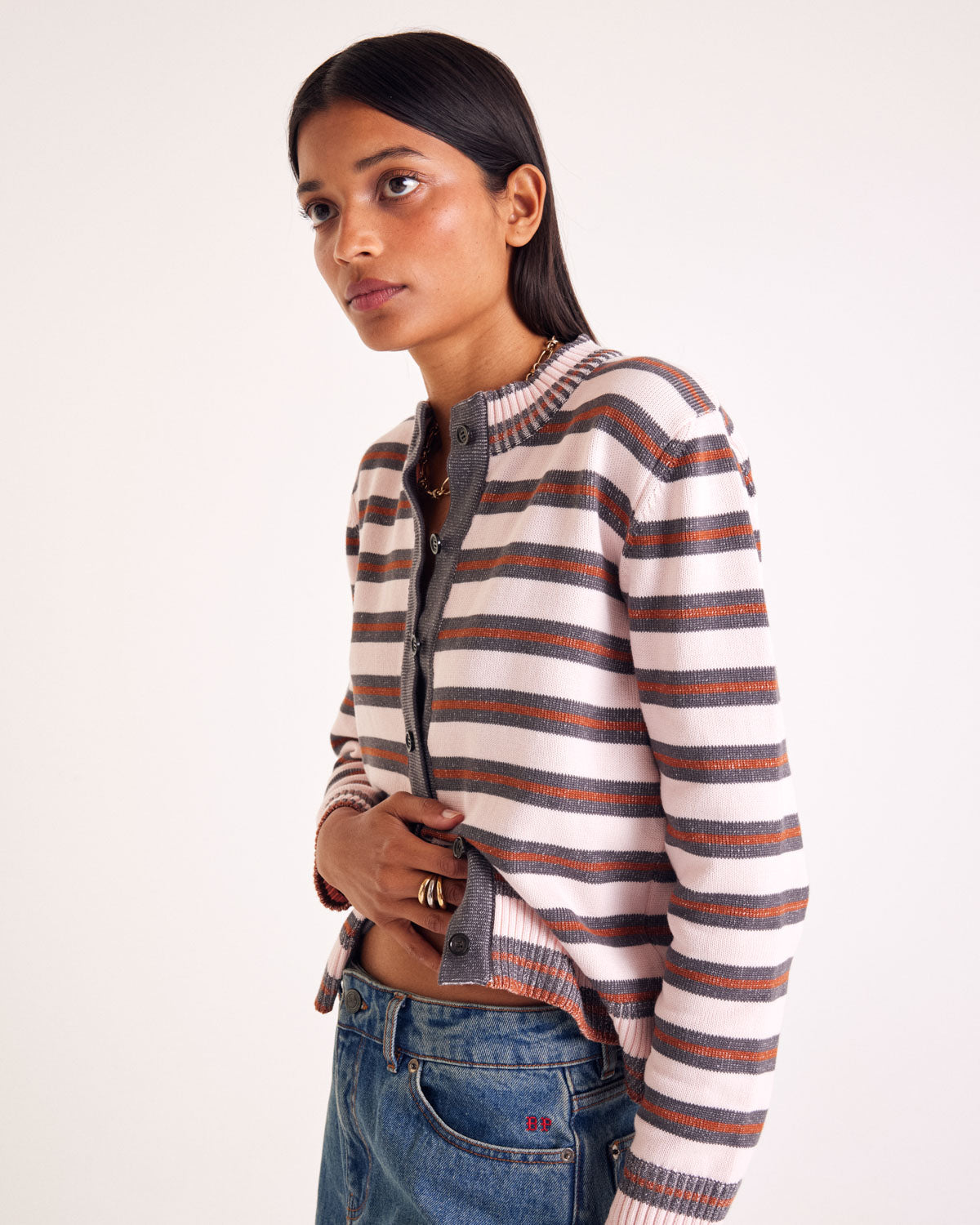 Clarisse cardigan in gray, pink and cinnamon stripes