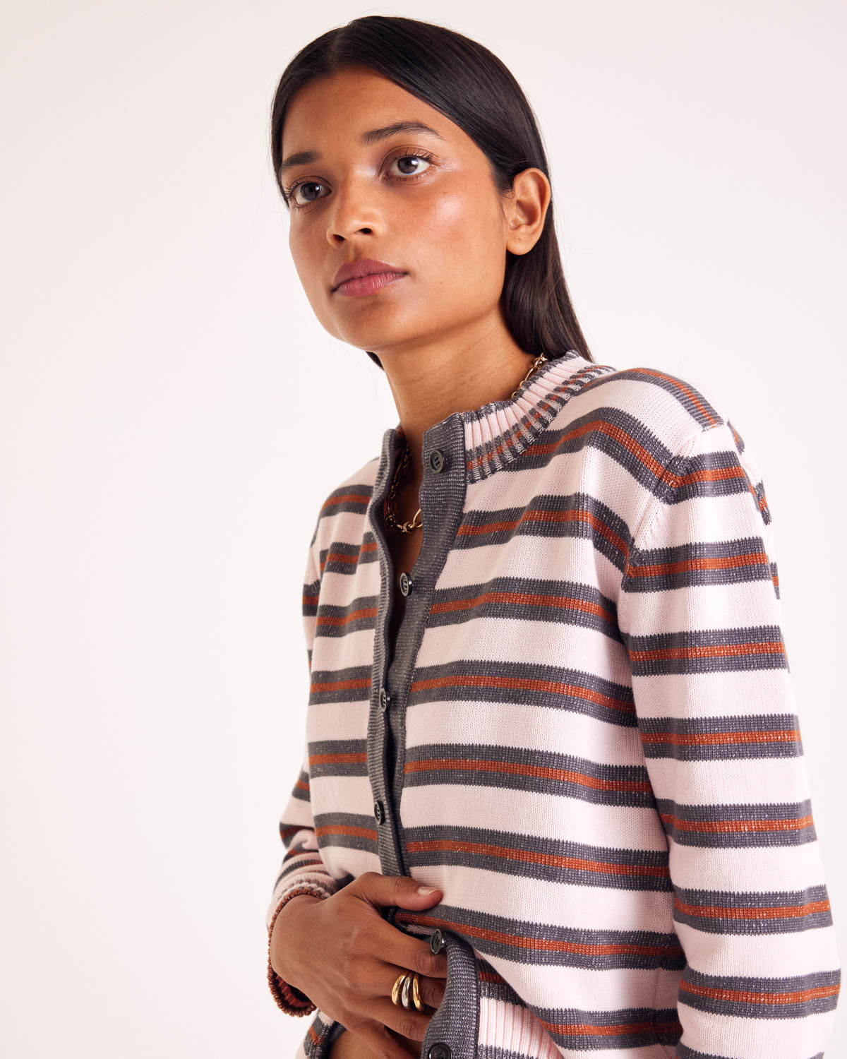 Clarisse cardigan in gray, pink and cinnamon stripes