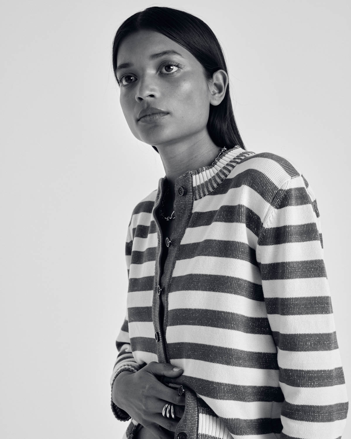 Clarisse cardigan in gray, pink and cinnamon stripes