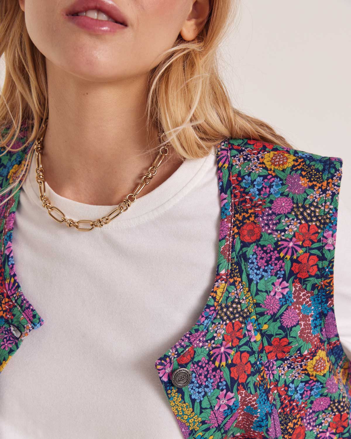 Mike vest in purple, yellow and pink Liberty fabric