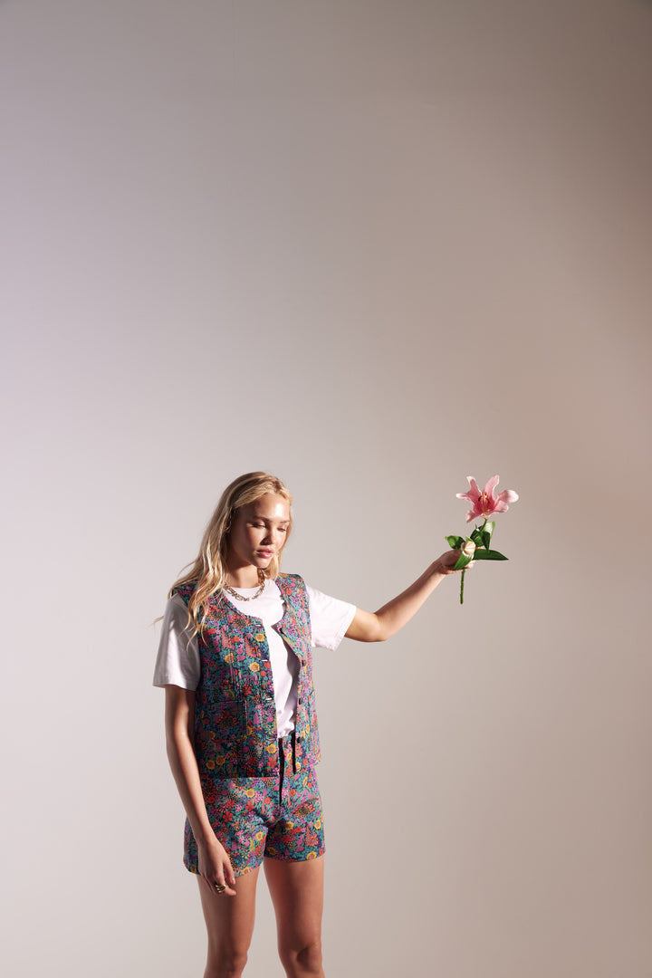 Mike vest in purple, yellow and pink Liberty fabric