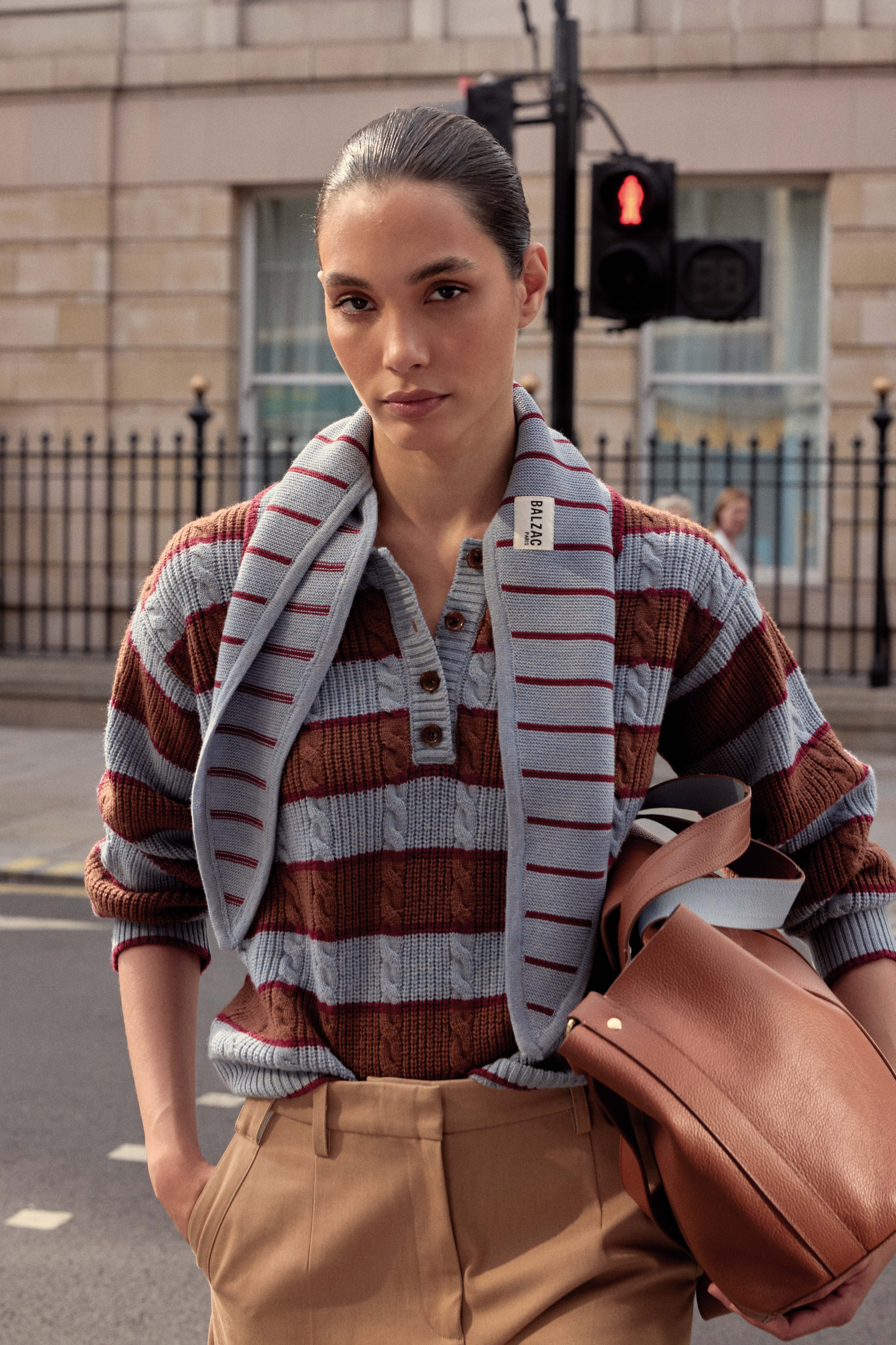 Isidore sweater with blue, cinnamon and burgundy stripes