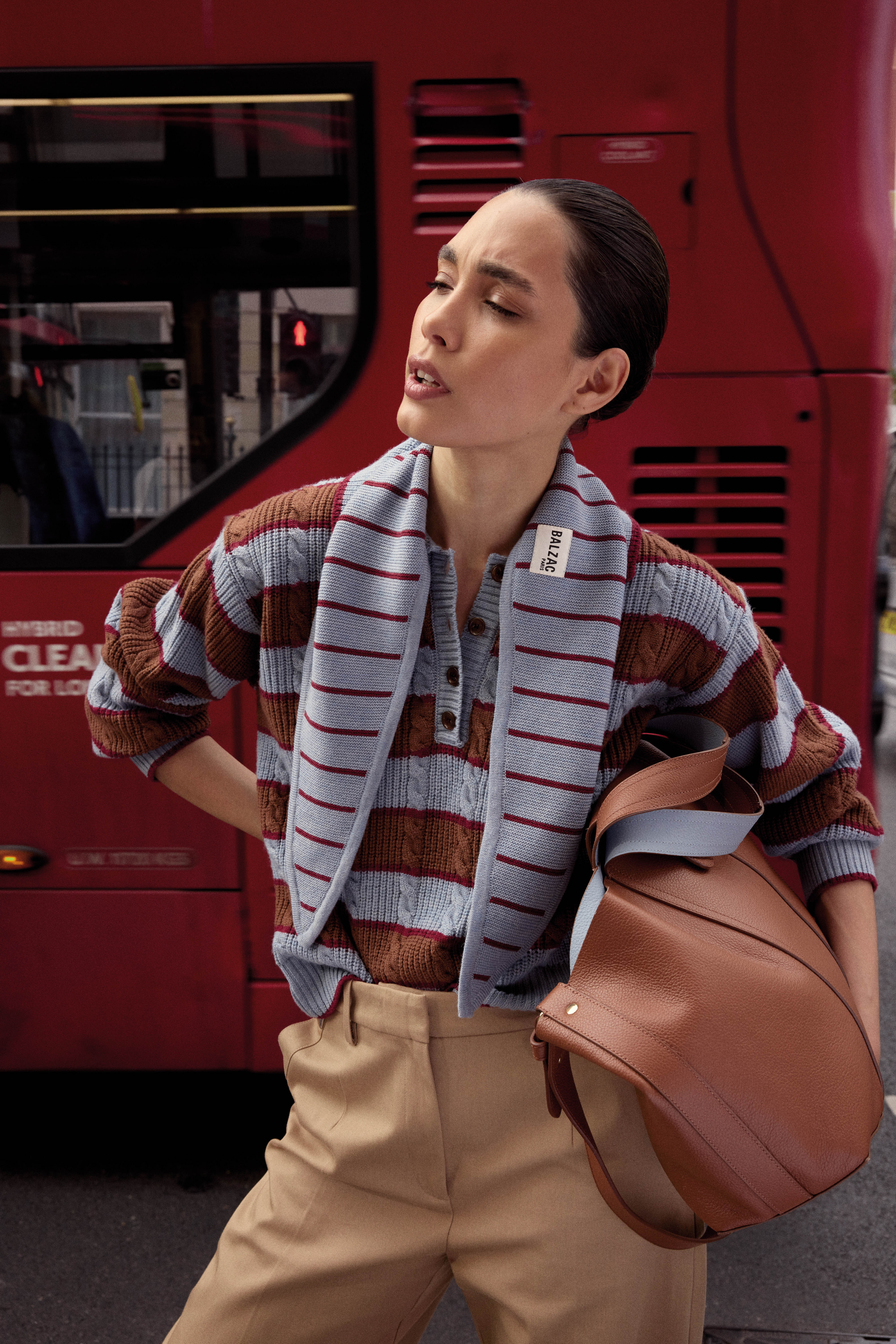 Isidore sweater with blue, cinnamon and burgundy stripes