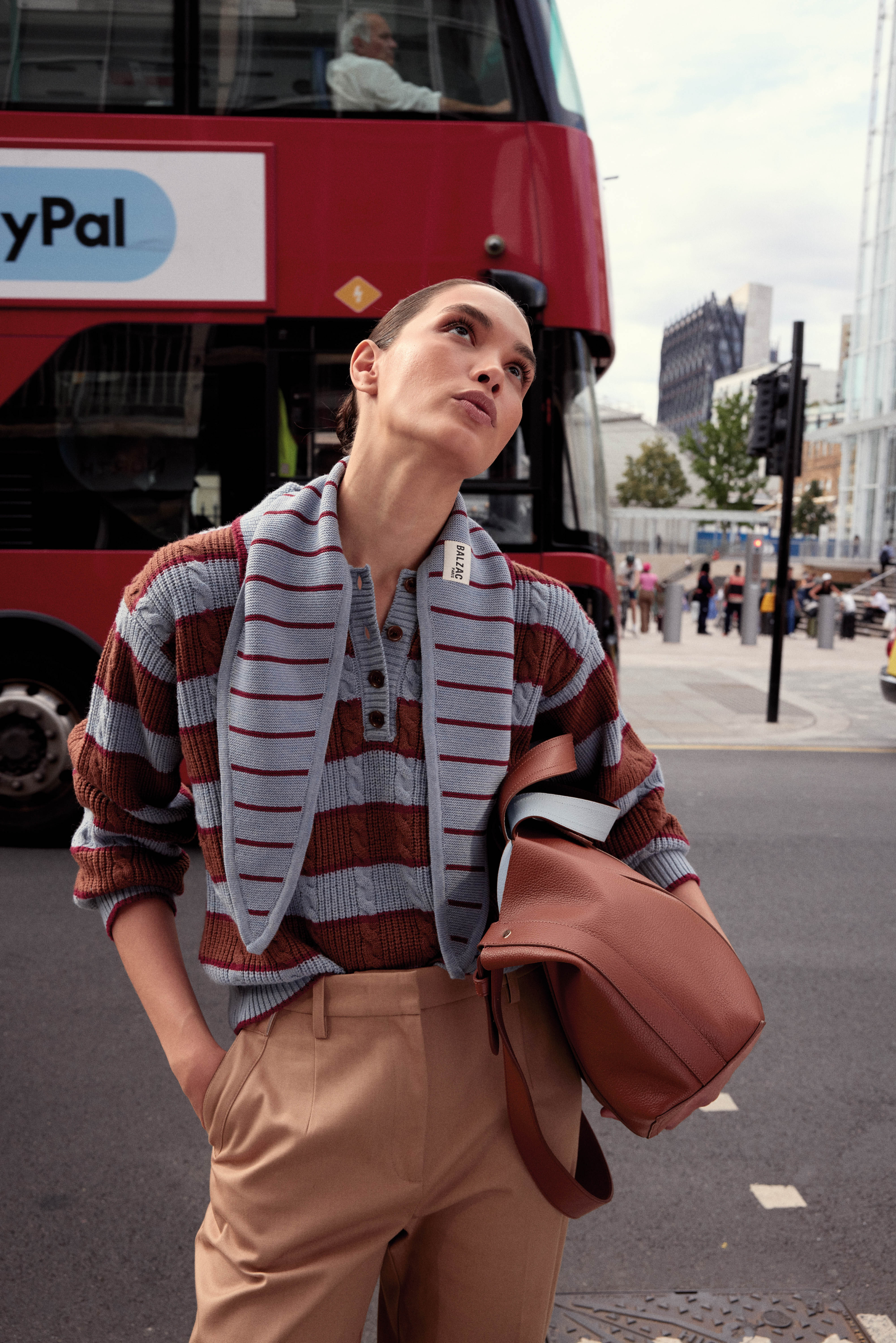 Isidore sweater with blue, cinnamon and burgundy stripes