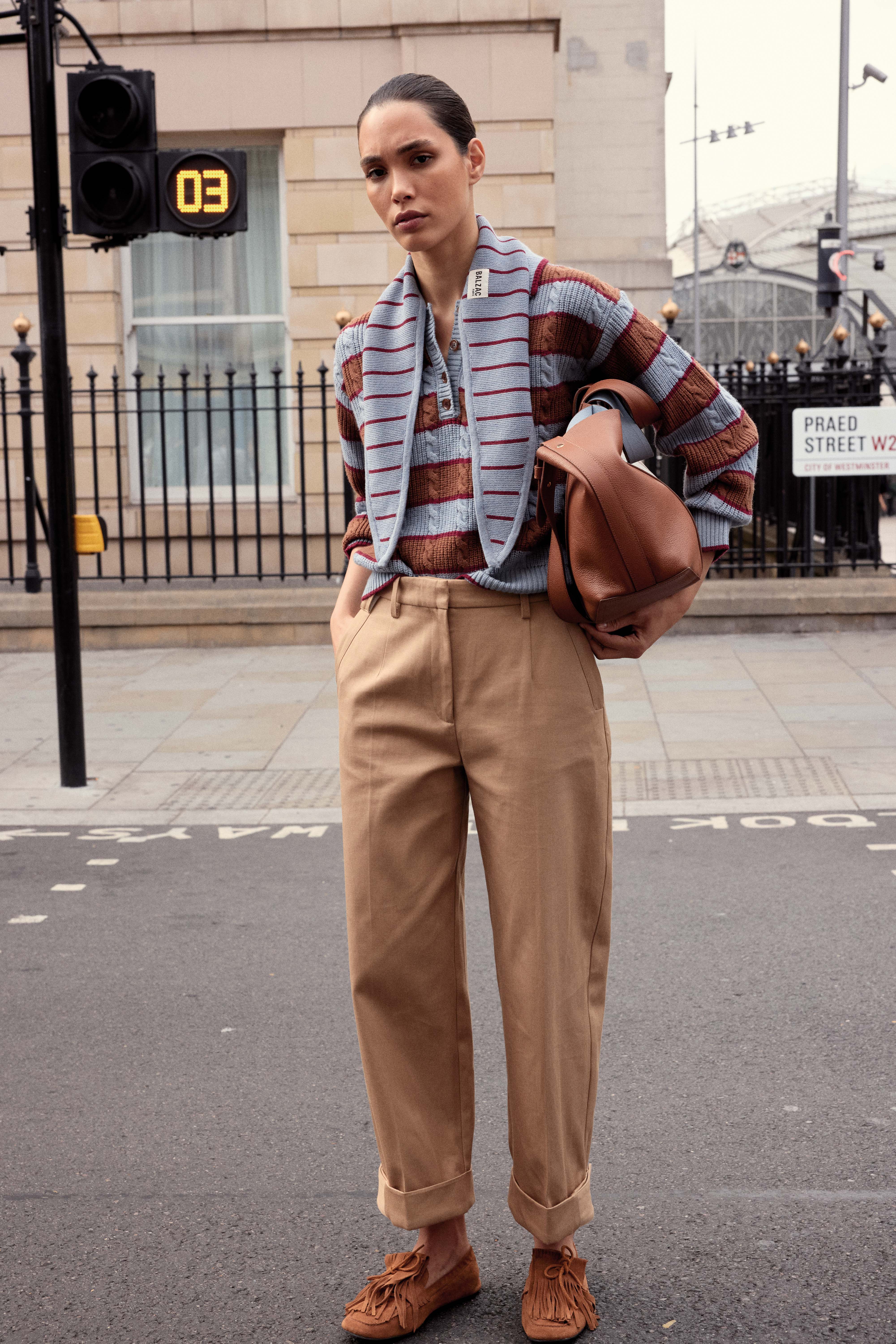 Isidore sweater with blue, cinnamon and burgundy stripes