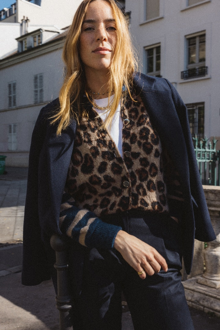Blue and leopard striped Idole cardigan
