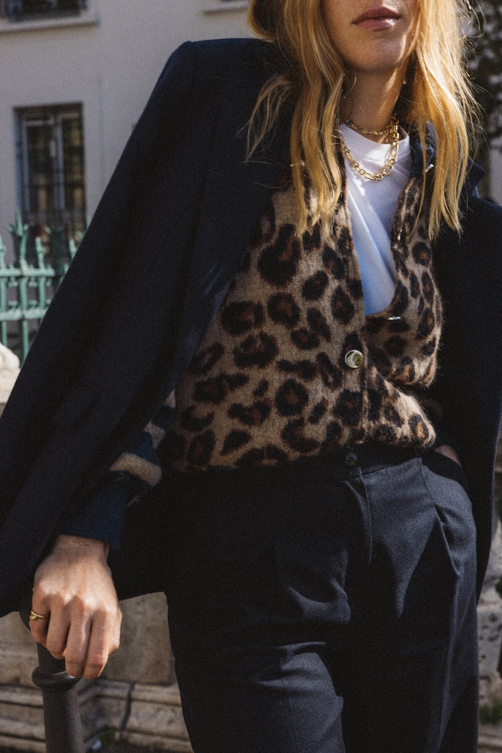 Blue and leopard striped Idole cardigan