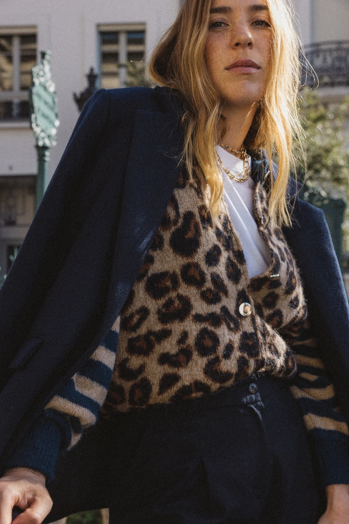 Blue and leopard striped Idole cardigan