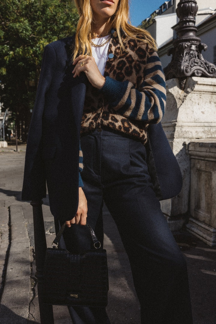 Blue and leopard striped Idole cardigan