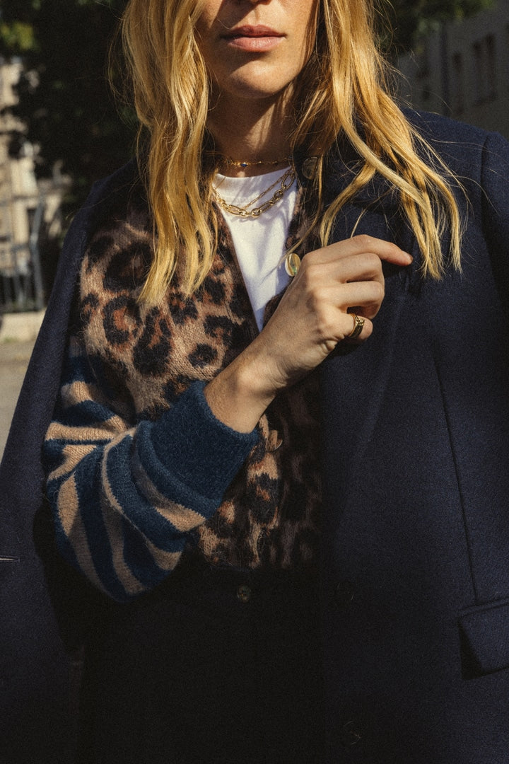 Blue and leopard striped Idole cardigan