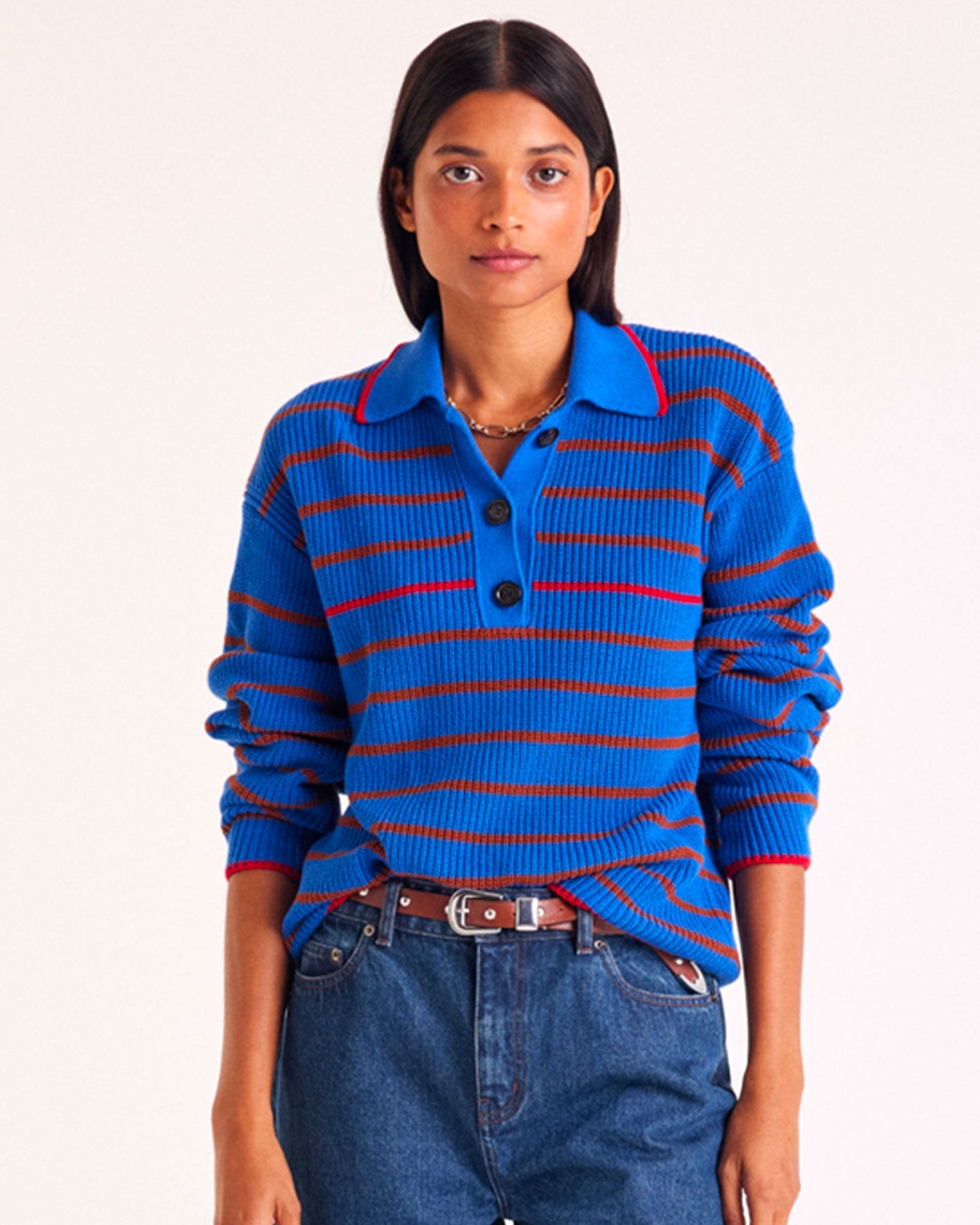 Gustave sweater with blue, cinnamon and red stripes