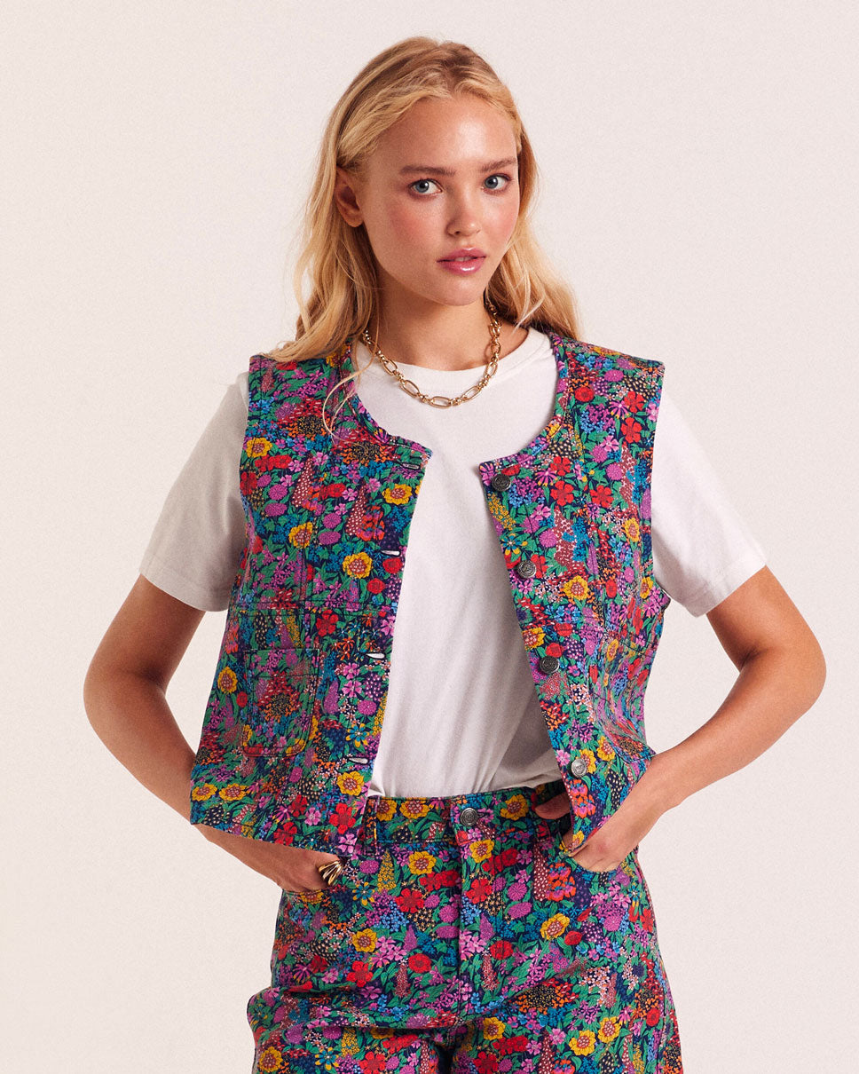 Mike vest in purple, yellow and pink Liberty fabric